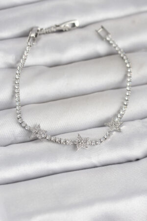 Pirinç Gümüş Renk Minimal Yıldız Model Zirkon Taşlı Su Yolu Kadın Bileklik