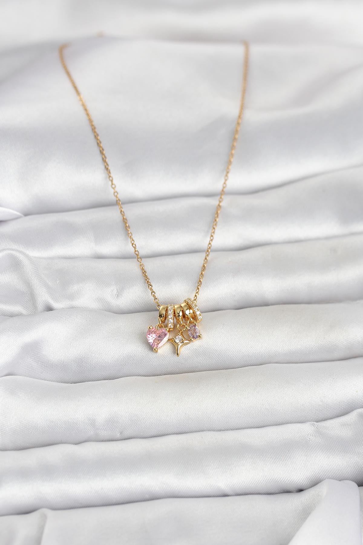316L Çelik Gold Pembe Zirkon Taşlı Charmlı Kadın Kolye - Görsel 2