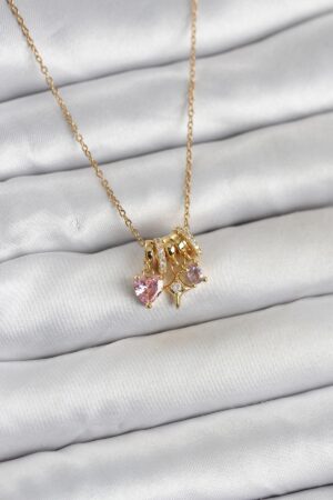 316L Çelik Gold Pembe Zirkon Taşlı Charmlı Kadın Kolye
