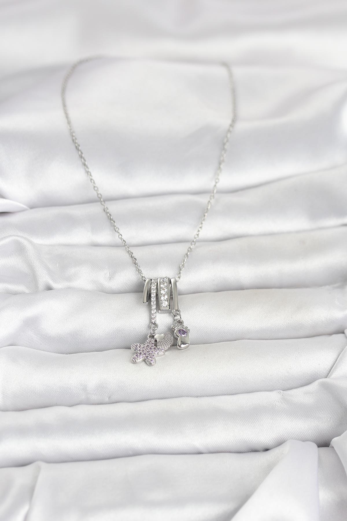 316L Çelik Gümüş Zirkon Taşlı Deniz Tema Charmlı Kadın Kolye - Görsel 2