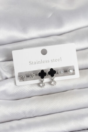 316L Çelik Gümüş Renk Yonca Detaylı Kadın Küpe Seti