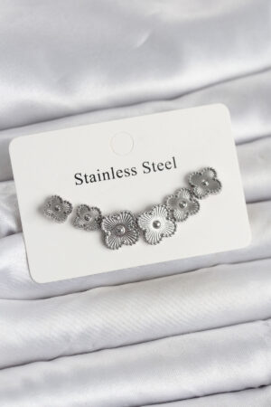 316L Çelik Gümüş Renk Yonca Küpe Seti