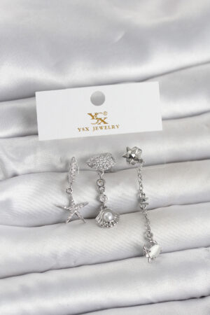 Pirinç Gümüş Renk Zirkon Taşlı Deniz Temalı 3'lü Kadın Küpe