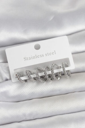 316L Çelik Gümüş Renk Zirkon Taşlı Halka Model Kadın Küpe Seti