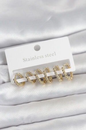 316L Çelik Gold Renk Zirkon Taşlı Halka Model Kadın Küpe Seti