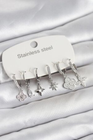 316L Çelik Gümüş Renk 6'lı Set Yonca Model Kadın Küpe