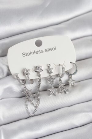 316L Çelik Gold Renk 6'lı Set Zincirli Yıldız Modelli Kadın Küpe