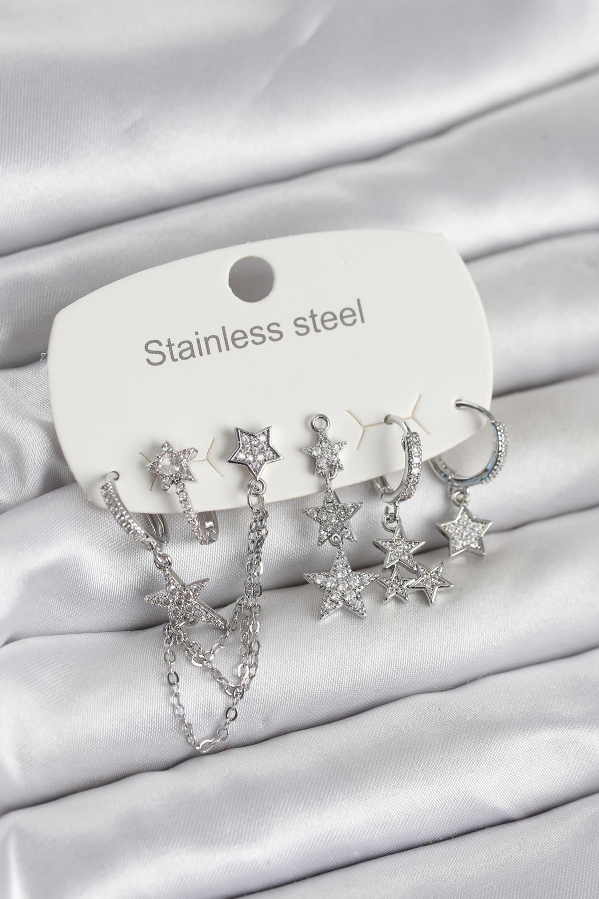 316L Çelik Gold Renk 6'lı Set Zincirli Yıldız Modelli Kadın Küpe