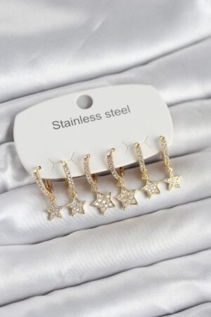 316L Çelik Gold Renk 6'lı Set Yıldız Model Kadın Küpe