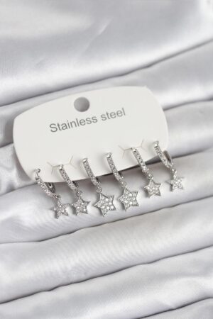 316L Çelik Gümüş Renk 6'lı Set Yıldız Model Kadın Küpe