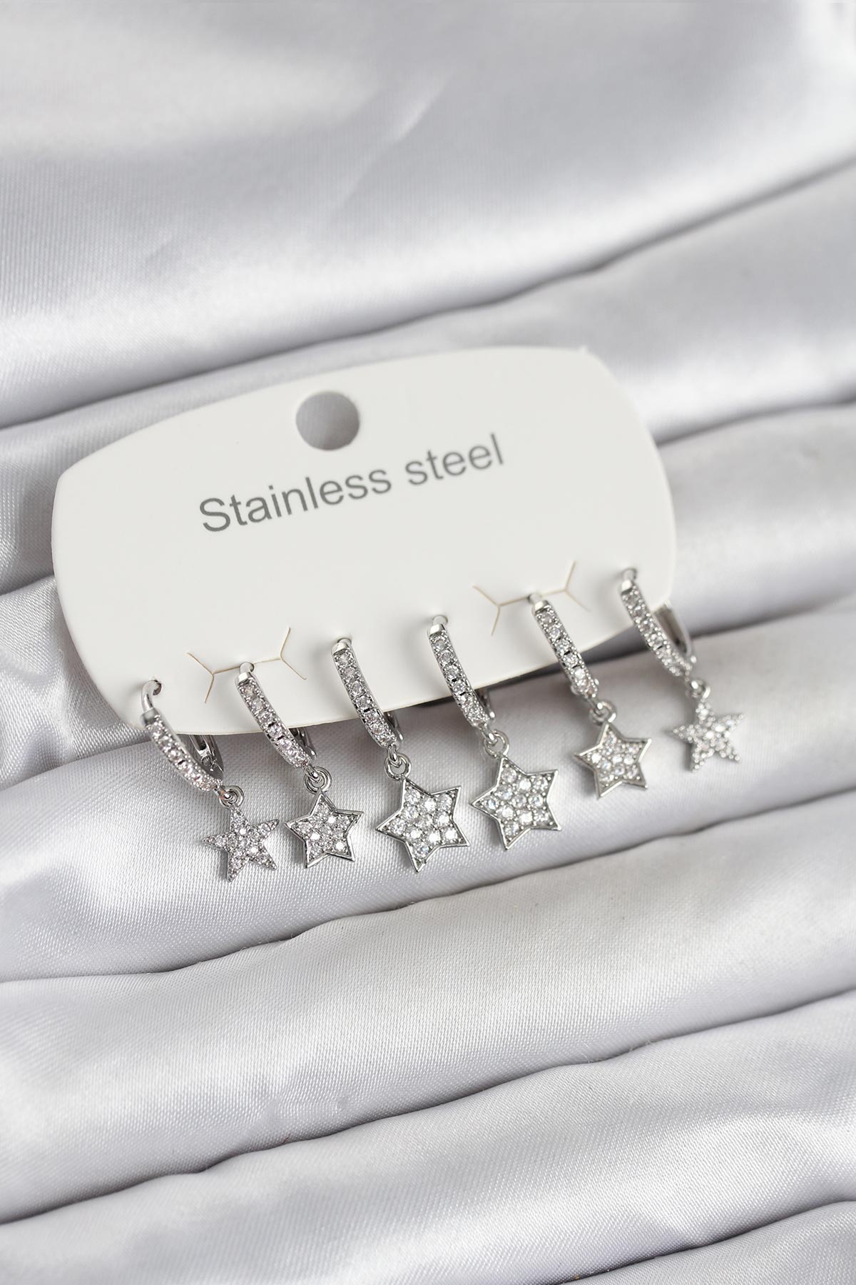 316L Çelik Gümüş Renk 6'lı Set Yıldız Model Kadın Küpe