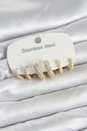 316L Çelik Gold Renk 6'lı Set Zirkon Taşlı Halka Model Kadın Küpe