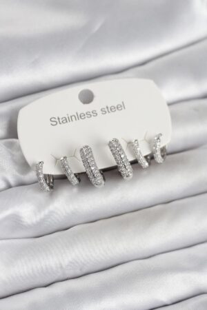 316L Çelik Gümüş Renk 6'lı Set Zirkon Taşlı Halka Model Kadın Küpe
