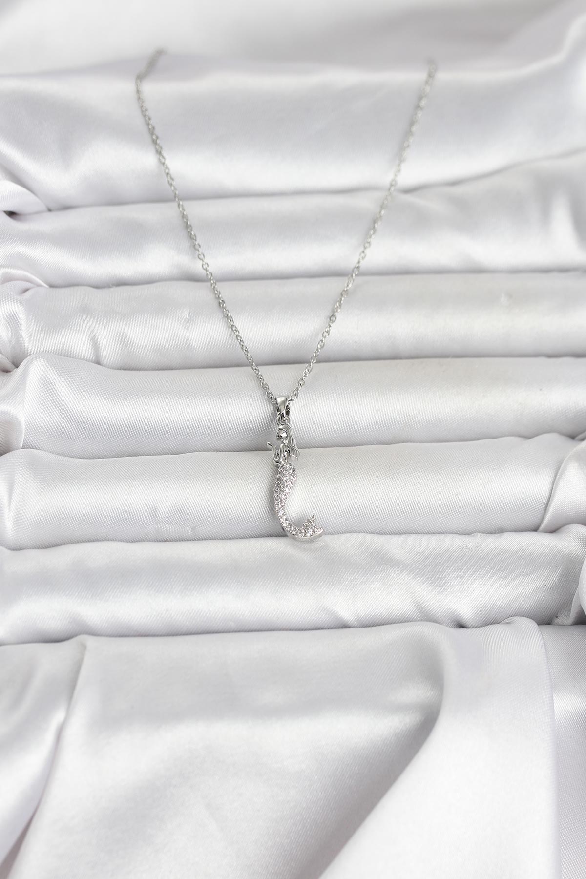 316L Çelik Zincir Gümüş Renk Zirkon Taşlı Deniz Kızı Model Kadın Kolye - Görsel 2