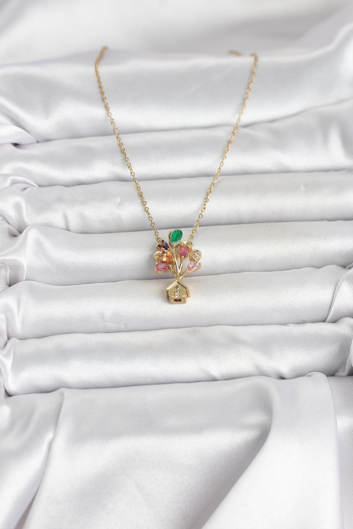 316L Çelik Zincir Gold Renk Uçan Balon Ev Figür Kadın Kolye - Görsel 2