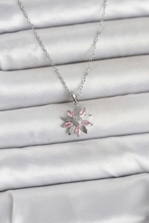316L Çelik Zincir Gümüş Renk Pembe Papatya Model Kadın Kolye