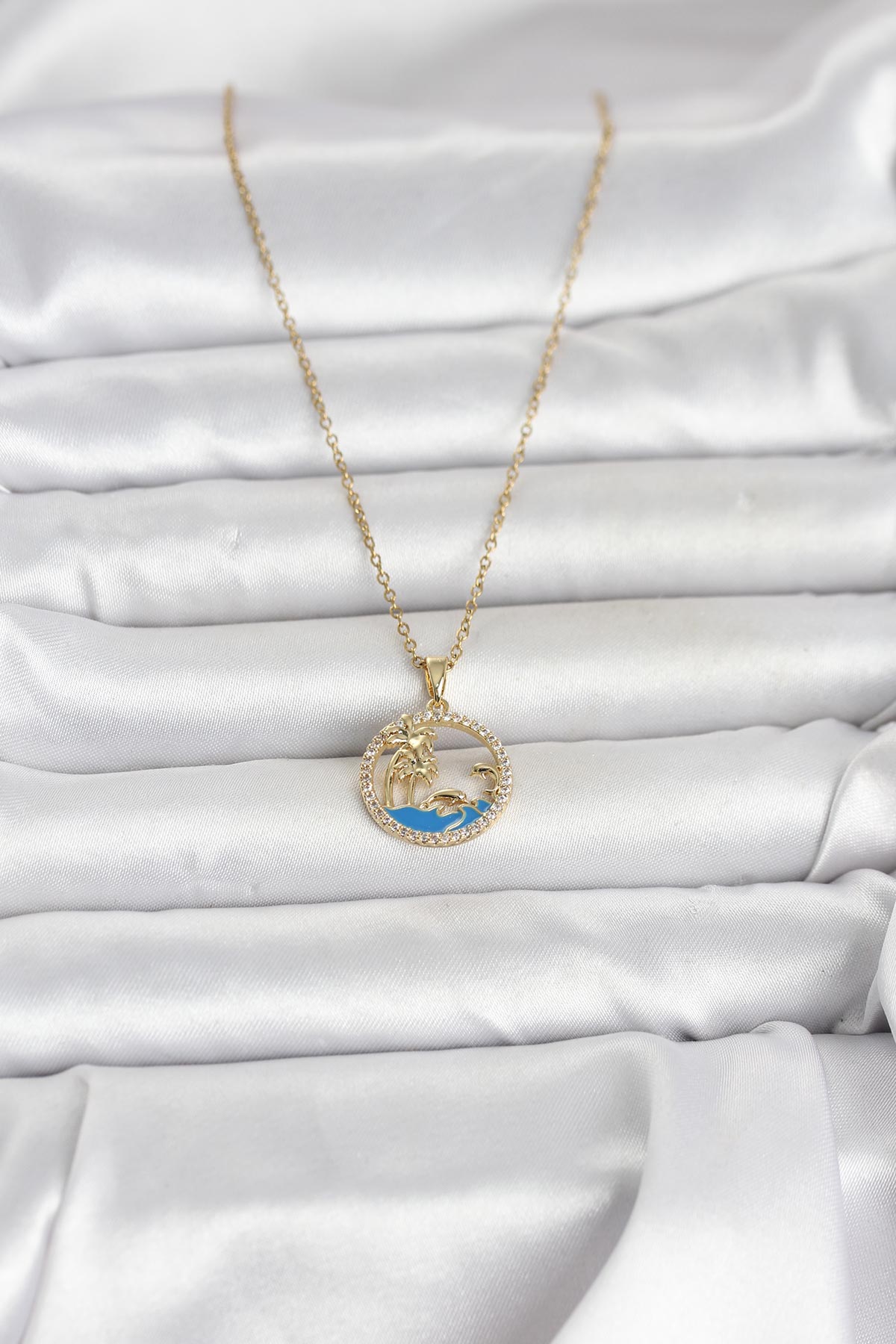 316L Çelik Zincir Gold Renk Zirkon Taşlı Deniz Temalı Kadın Kolye - Görsel 2