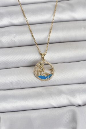 316L Çelik Zincir Gold Renk Zirkon Taşlı Deniz Temalı Kadın Kolye