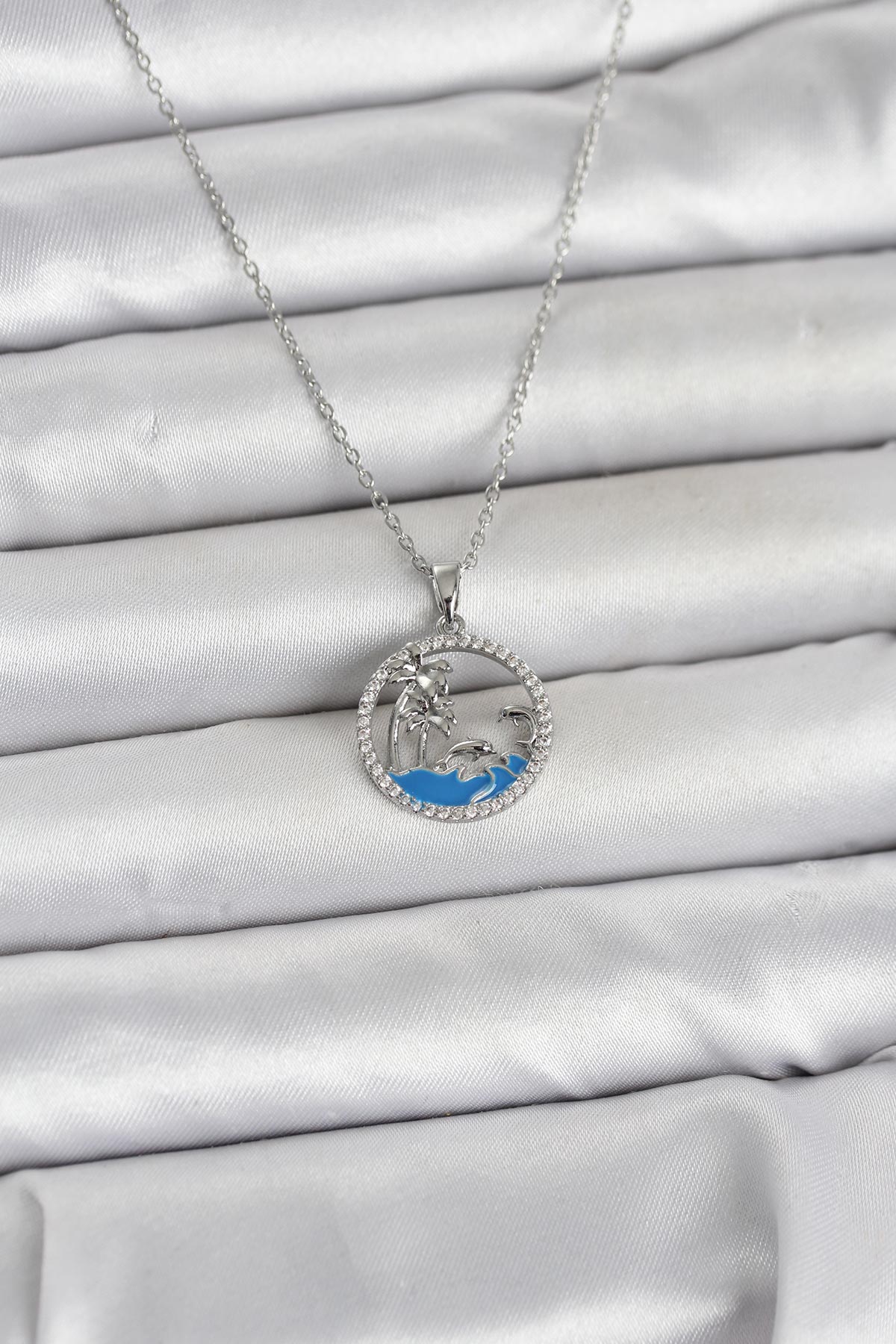 316L Çelik Zincir Gümüş Renk Zirkon Taşlı Deniz Temalı Kadın Kolye