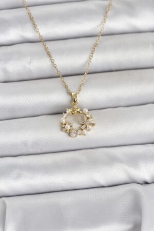 316L Çelik Zincir Gold Renk İncili Çiçek Model Kadın Koyle