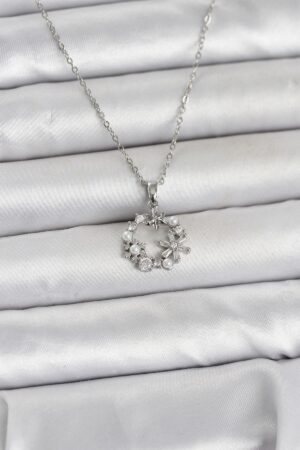 316L Çelik Zincir Gümüş Renk İncili Çiçek Model Kadın Koyle