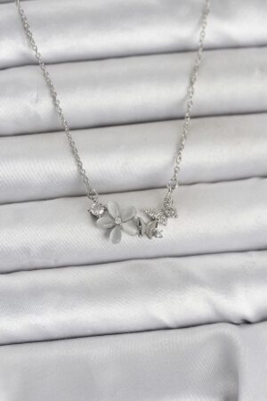 316L Çelik Zincir Gümüş Renk Çiçek ve Kelebek Model Kadın Kolye