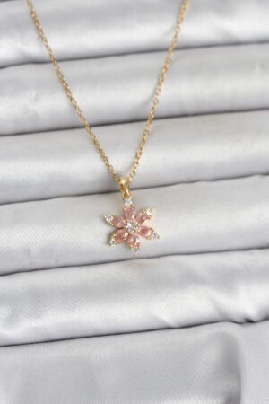 316L Çelik Zincir Gold Renk Pembe Lotus Model Kadın Kolye