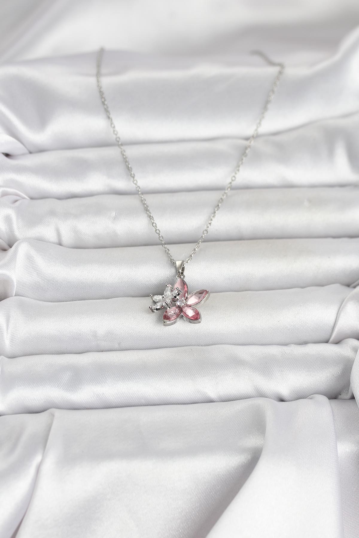 316L Çelik Zincir Gümüş Renk Pembe Lotus Model Kadın Kolye - Görsel 2