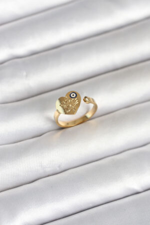 316L Çelik Gold Renk Nazar Detaylı Kalp Model Kadın Yüzük