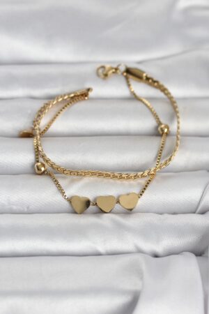 316L Çelik Gold Renk Ezme Zincir ve Kalpli Kadın Bileklik