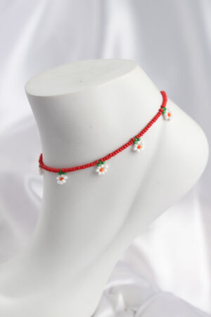 Kırmızı Renk Boncuklu Papatya Motifli Halhal