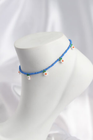 Buz Mavisi Renk Boncuklu Papatya Motifli Halhal