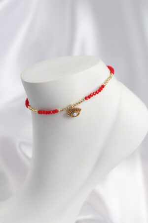 Kırmızı Renk Boncuklu Nazarlı Göz Figürlü Halhal