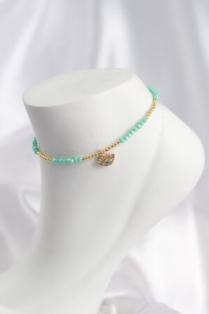 Su Yeşili Renk Boncuklu Nazarlı Göz Figürlü Halhal