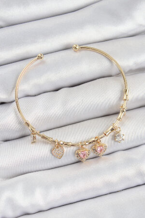 Pirinç Zirkon Taşlı Pembe Kalp Model Gold Renk Charm Bileklik