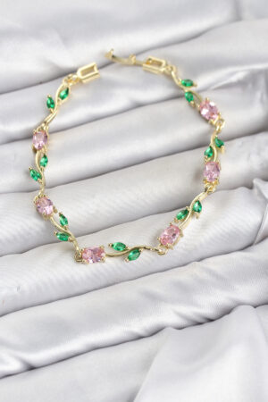 Pirinç Gold Renk Pembe Zirkon Taşlı Çiçek Model Kadın Bileklik