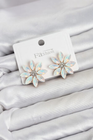 Beyaz Renk Kristal Taşlı Lotus Çiçek Model Kadın Küpe