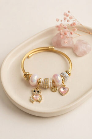 Tedy Bear Model Gold Renk Pembe Charmlı Bileklik
